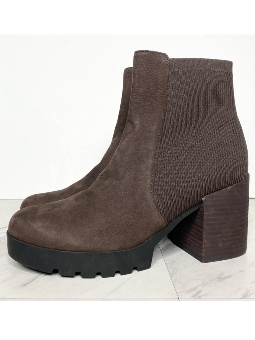 Eileen Fisher Farrah Brown Nubuck Knit Heeled Bootie 7 1/2